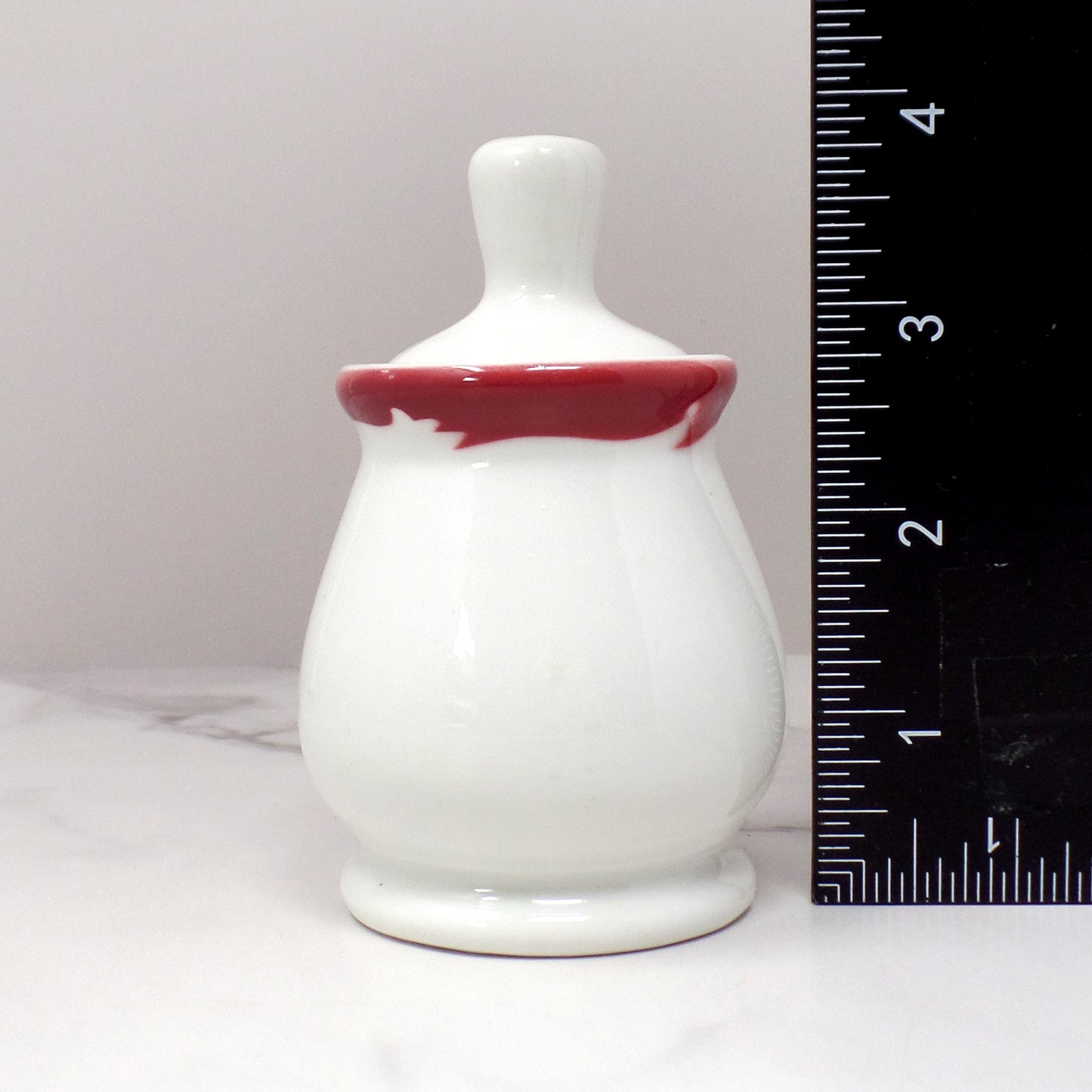 Vintage Syracuse China Restaurant Ware Ceramic Honey Pot and Dipper, White with Maroon Trim (1962)