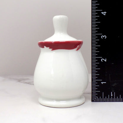 Vintage Syracuse China Restaurant Ware Ceramic Honey Pot and Dipper, White with Maroon Trim (1962)