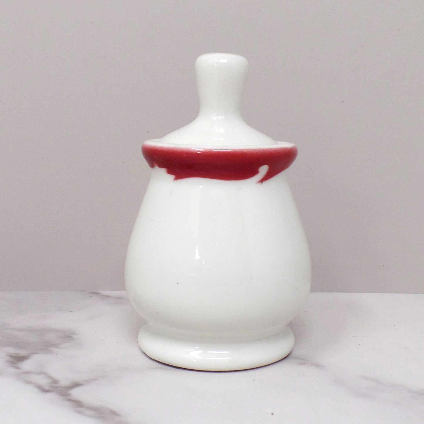 Vintage Syracuse China Restaurant Ware Ceramic Honey Pot and Dipper, White with Maroon Trim (1962)