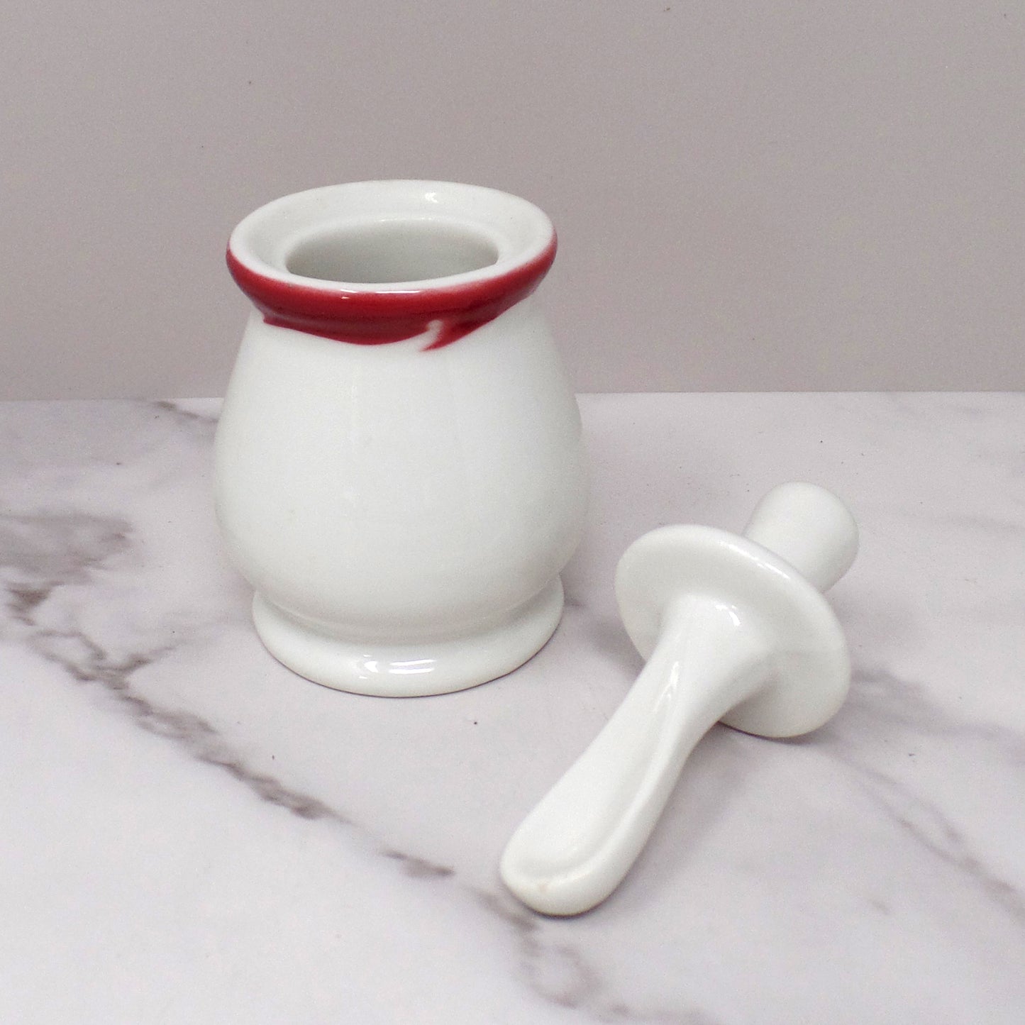 Vintage Syracuse China Restaurant Ware Ceramic Honey Pot and Dipper, White with Maroon Trim (1962)