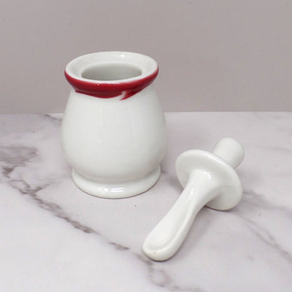 Vintage Syracuse China Restaurant Ware Ceramic Honey Pot and Dipper, White with Maroon Trim (1962)