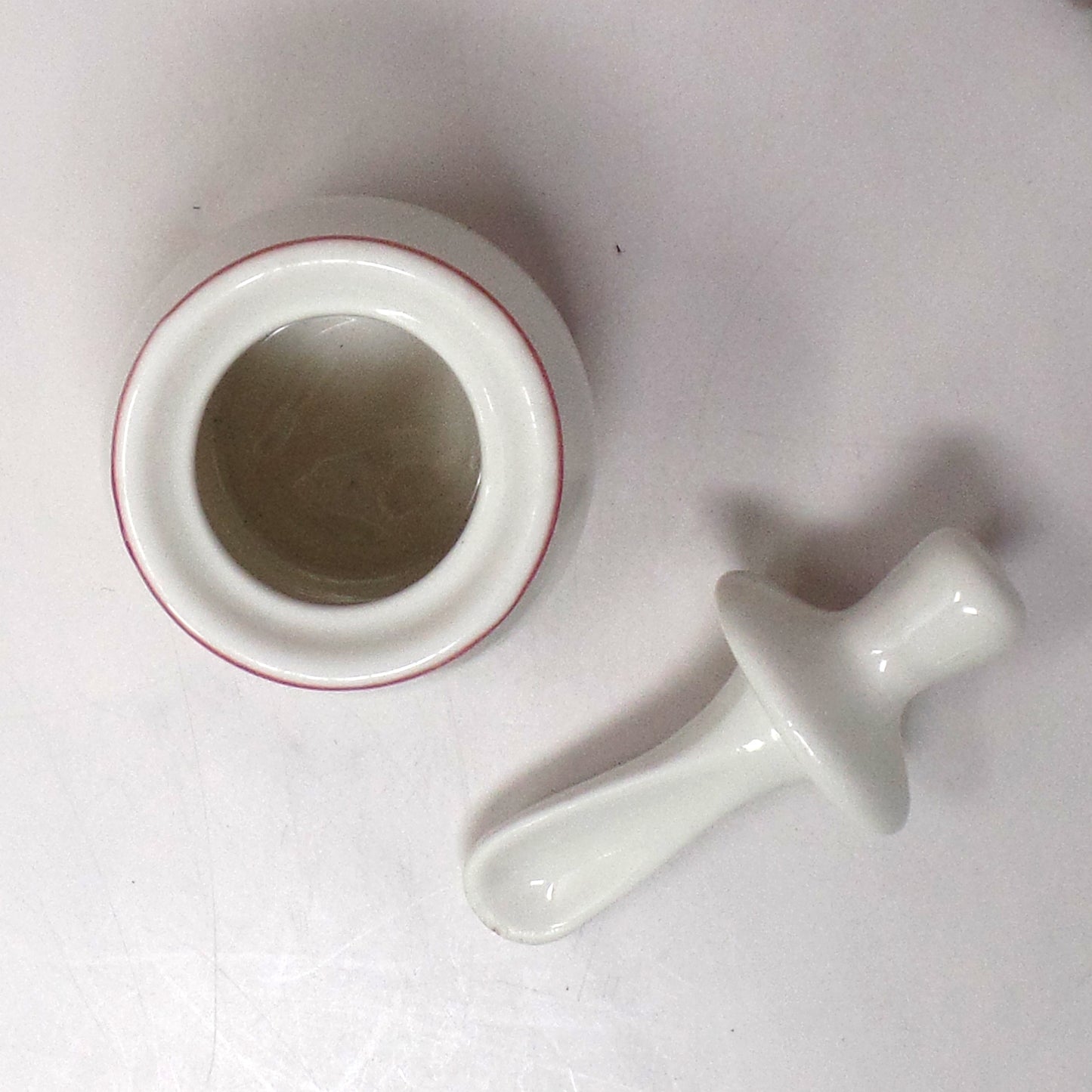 Vintage Syracuse China Restaurant Ware Ceramic Honey Pot and Dipper, White with Maroon Trim (1962)