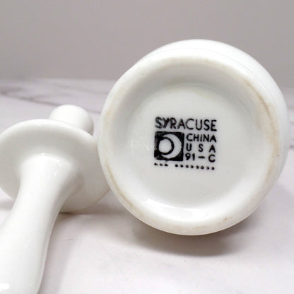 Vintage Syracuse China Restaurant Ware Ceramic Honey Pot and Dipper, White with Maroon Trim (1962)
