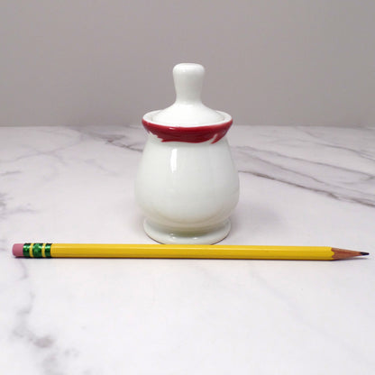Vintage Syracuse China Restaurant Ware Ceramic Honey Pot and Dipper, White with Maroon Trim (1962)