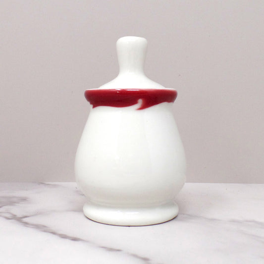Vintage Syracuse China Restaurant Ware Ceramic Honey Pot and Dipper, White with Maroon Trim (1962)