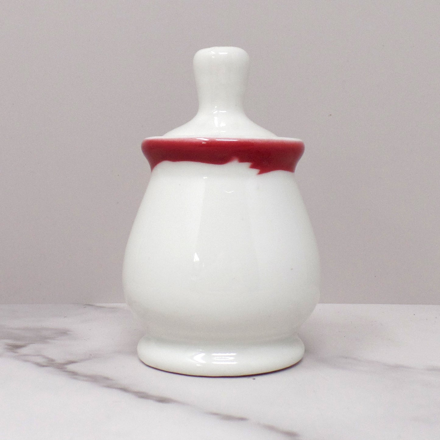 Vintage Syracuse China Restaurant Ware Ceramic Honey Pot and Dipper, White with Maroon Trim (1962)