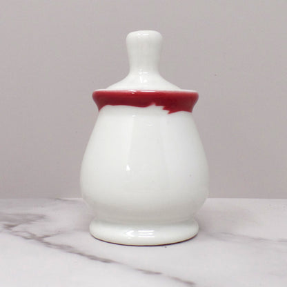 Vintage Syracuse China Restaurant Ware Ceramic Honey Pot and Dipper, White with Maroon Trim (1962)