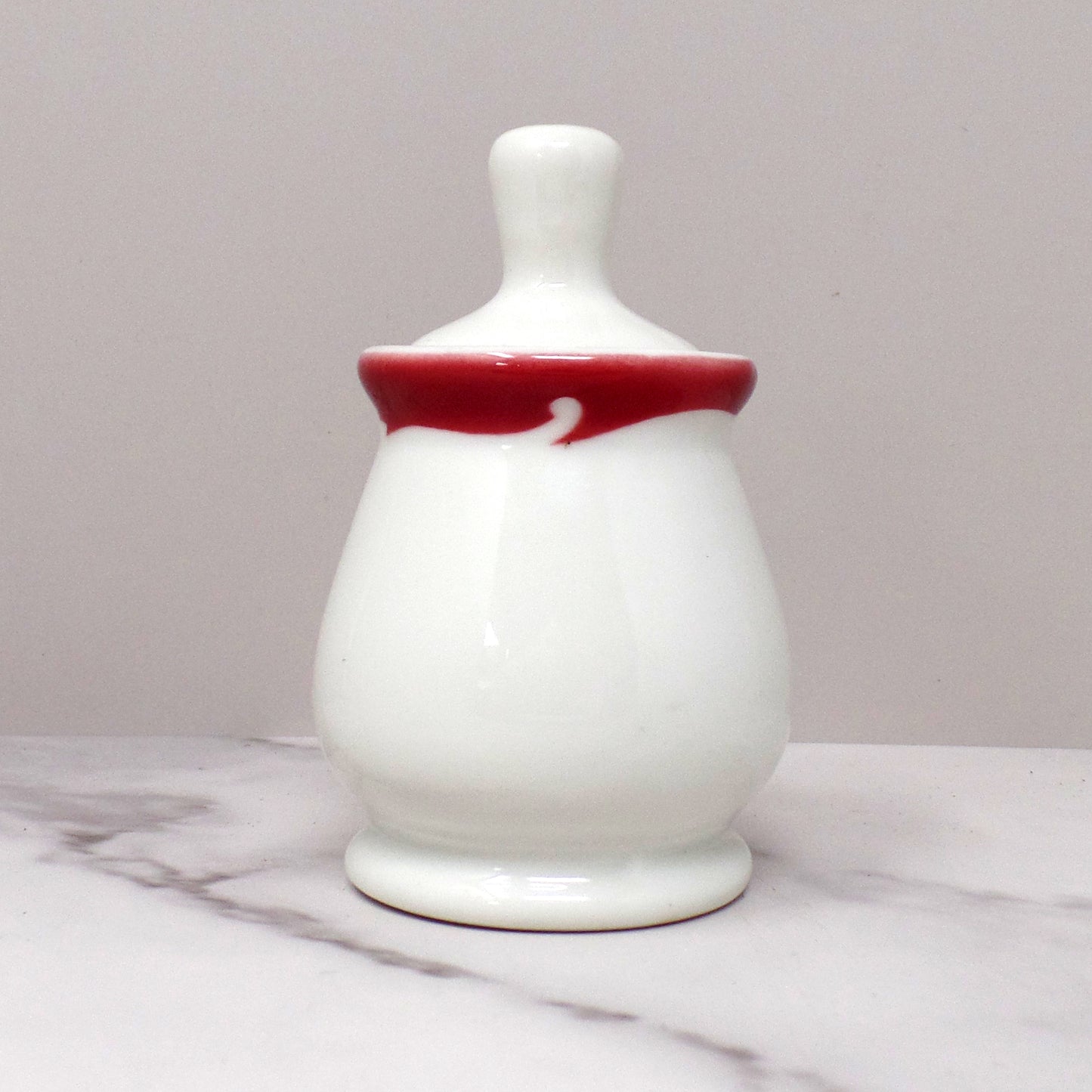 Vintage Syracuse China Restaurant Ware Ceramic Honey Pot and Dipper, White with Maroon Trim (1962)