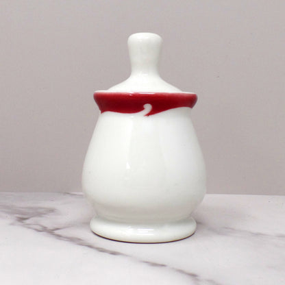 Vintage Syracuse China Restaurant Ware Ceramic Honey Pot and Dipper, White with Maroon Trim (1962)