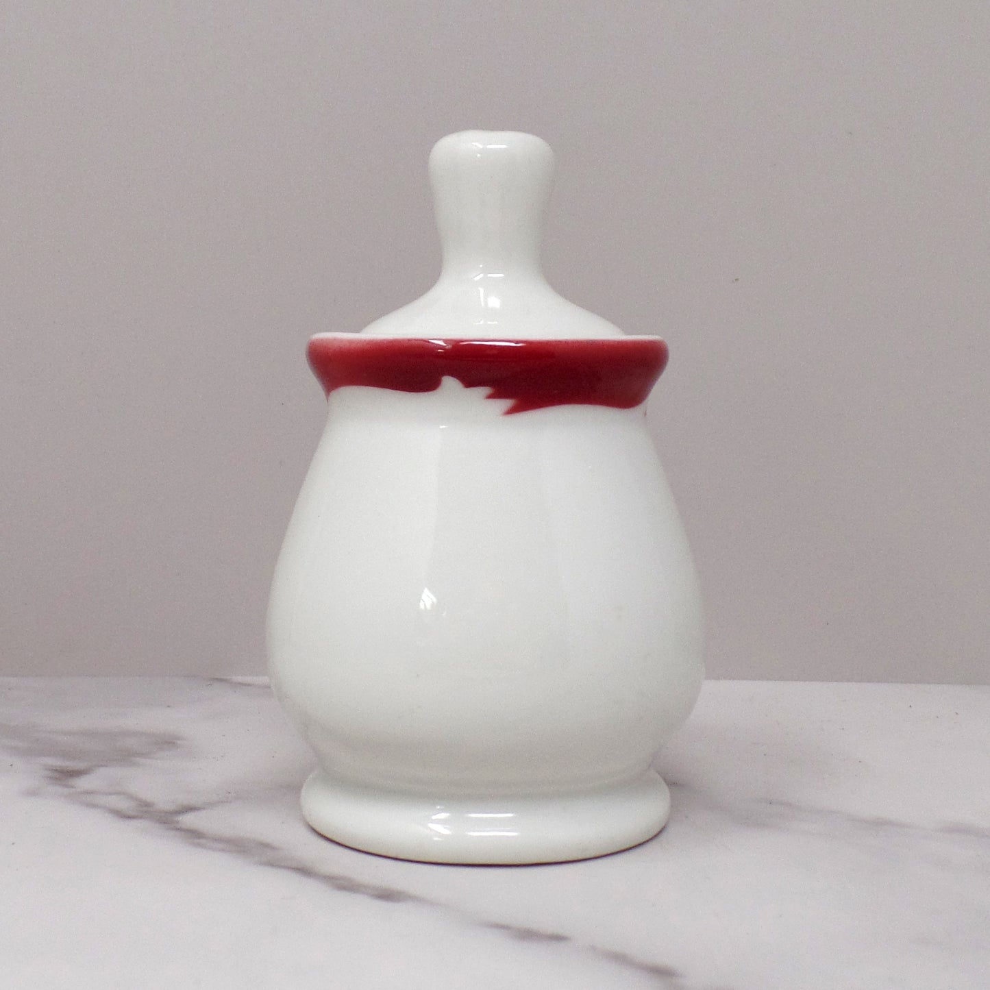 Vintage Syracuse China Restaurant Ware Ceramic Honey Pot and Dipper, White with Maroon Trim (1962)