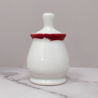 Vintage Syracuse China Restaurant Ware Ceramic Honey Pot and Dipper, White with Maroon Trim (1962)