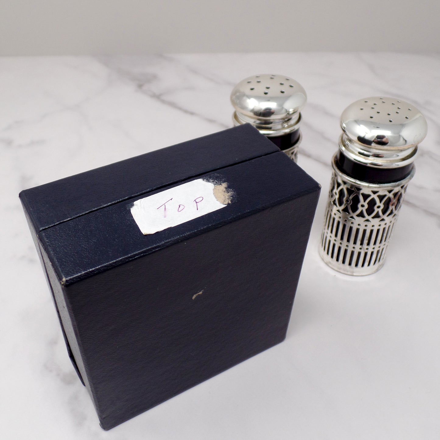 Vintage Godinger Silverplate and Cobalt Glass Salt & Pepper Shaker Set, in Box