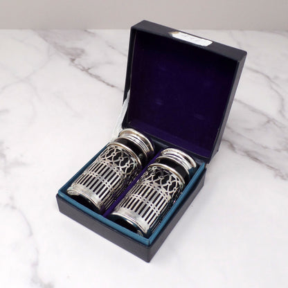 Vintage Godinger Silverplate and Cobalt Glass Salt & Pepper Shaker Set, in Box