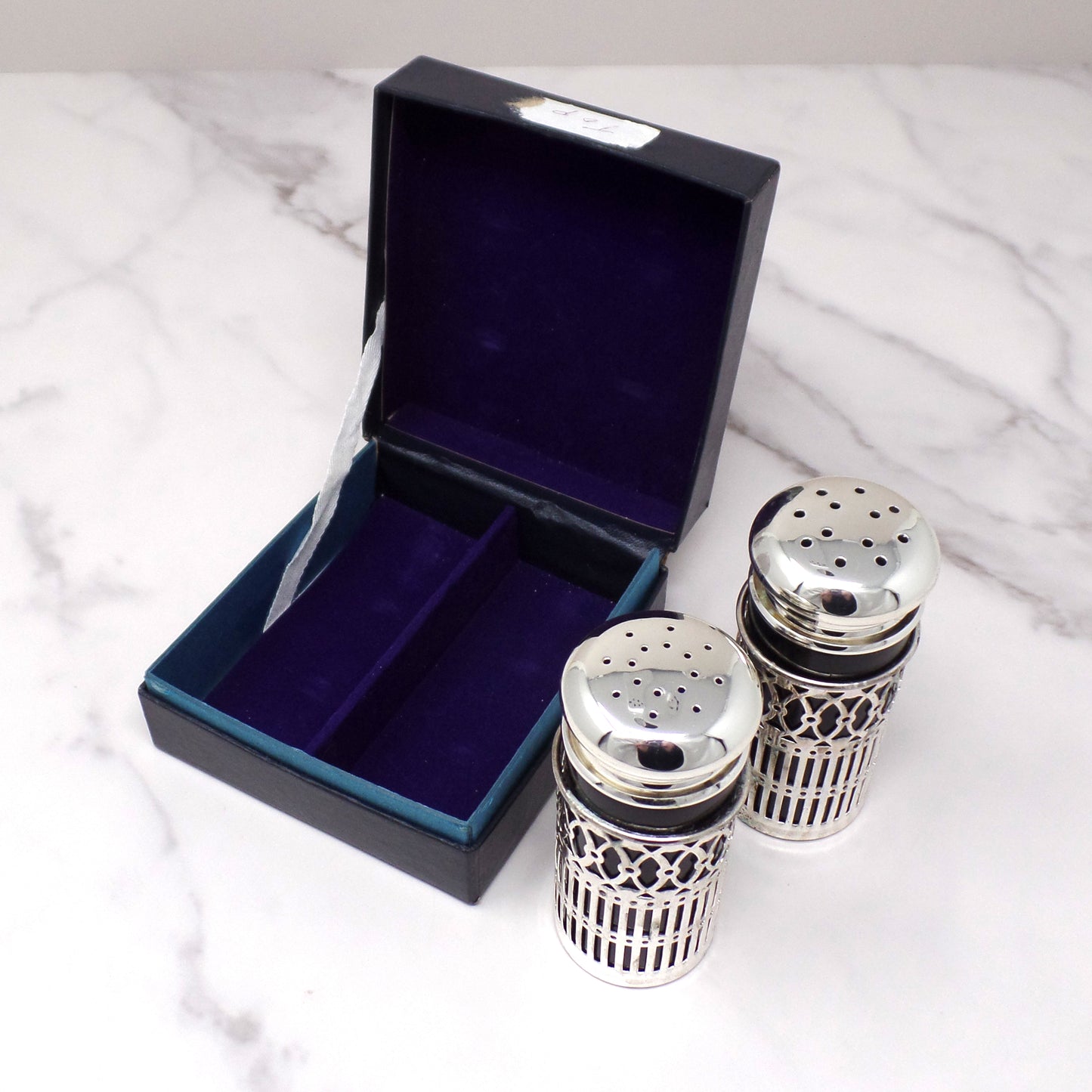 Vintage Godinger Silverplate and Cobalt Glass Salt & Pepper Shaker Set, in Box