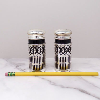 Vintage Godinger Silverplate and Cobalt Glass Salt & Pepper Shaker Set, in Box