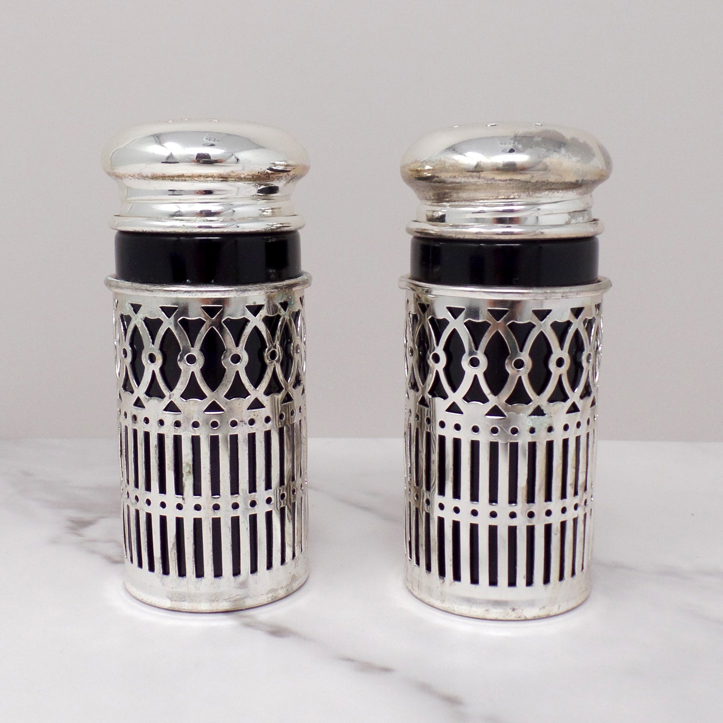 Vintage Godinger Silverplate and Cobalt Glass Salt & Pepper Shaker Set, in Box