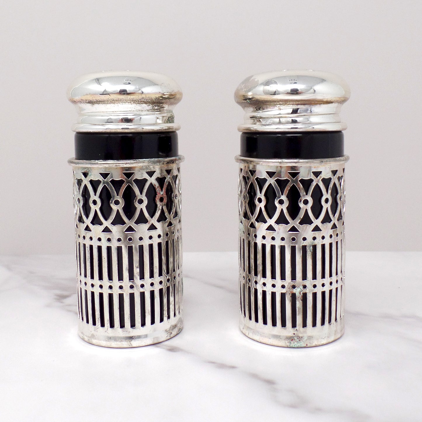 Vintage Godinger Silverplate and Cobalt Glass Salt & Pepper Shaker Set, in Box