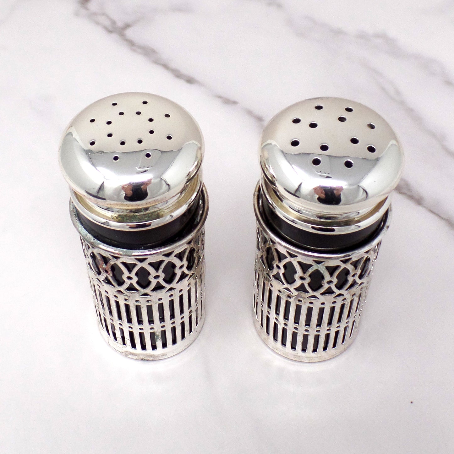 Vintage Godinger Silverplate and Cobalt Glass Salt & Pepper Shaker Set, in Box