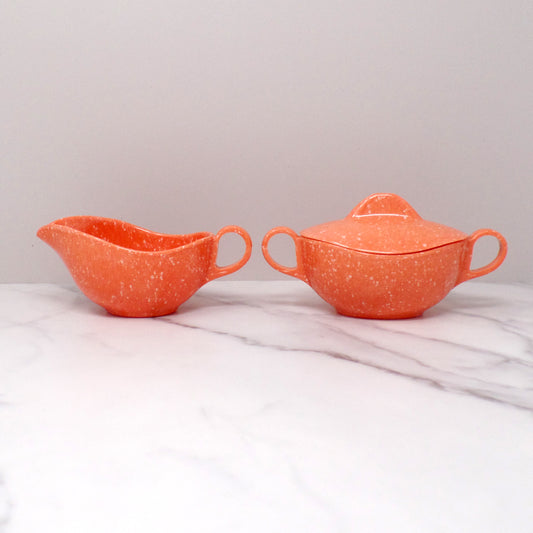 Vintage Joan Luntz Gaiety Melmac / Melamine Cream and Sugar Set, Speckled Coral (1950s)