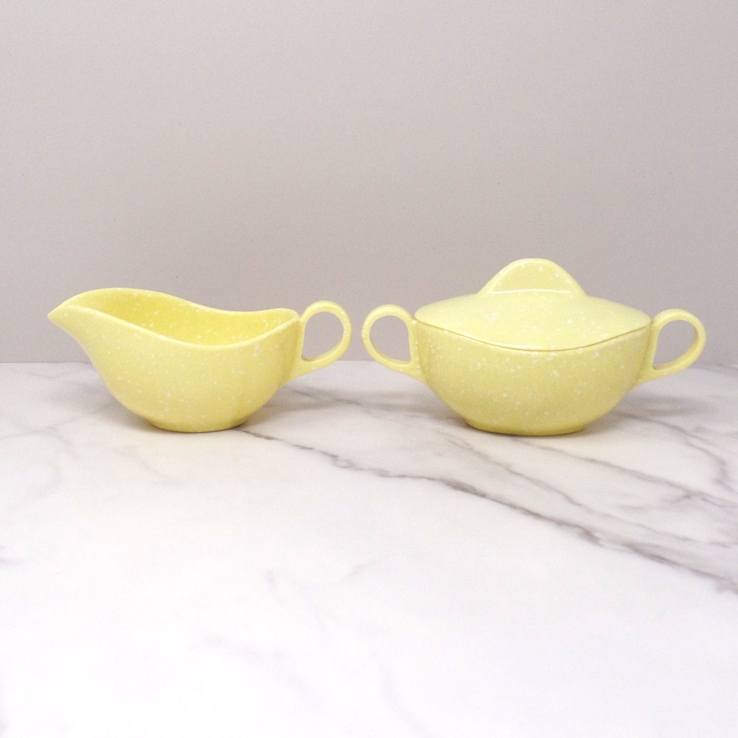 Vintage Joan Luntz Gaiety Melmac / Melamine Cream and Sugar Set, Speckled Yellow (1950s)
