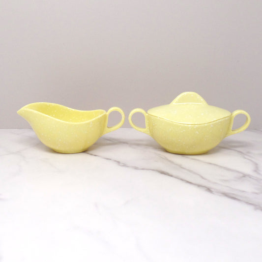 Vintage Joan Luntz Gaiety Melmac / Melamine Cream and Sugar Set, Speckled Yellow (1950s)