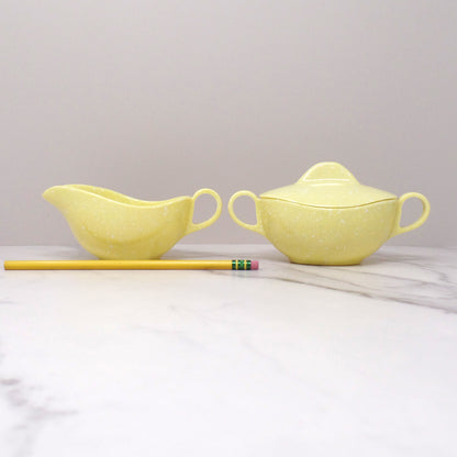 Vintage Joan Luntz Gaiety Melmac / Melamine Cream and Sugar Set, Speckled Yellow (1950s)