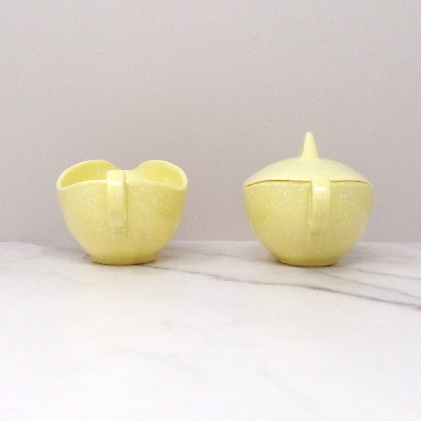 Vintage Joan Luntz Gaiety Melmac / Melamine Cream and Sugar Set, Speckled Yellow (1950s)