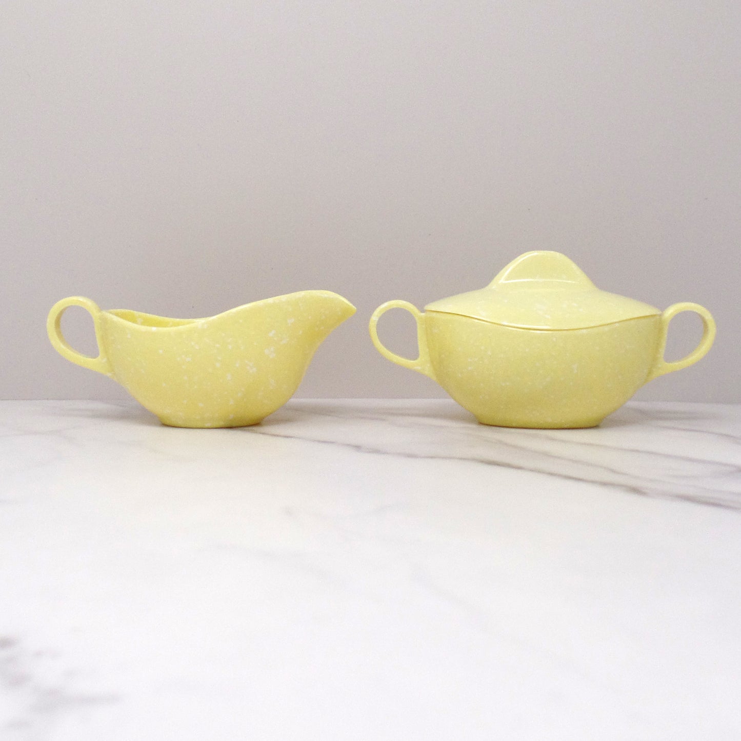 Vintage Joan Luntz Gaiety Melmac / Melamine Cream and Sugar Set, Speckled Yellow (1950s)