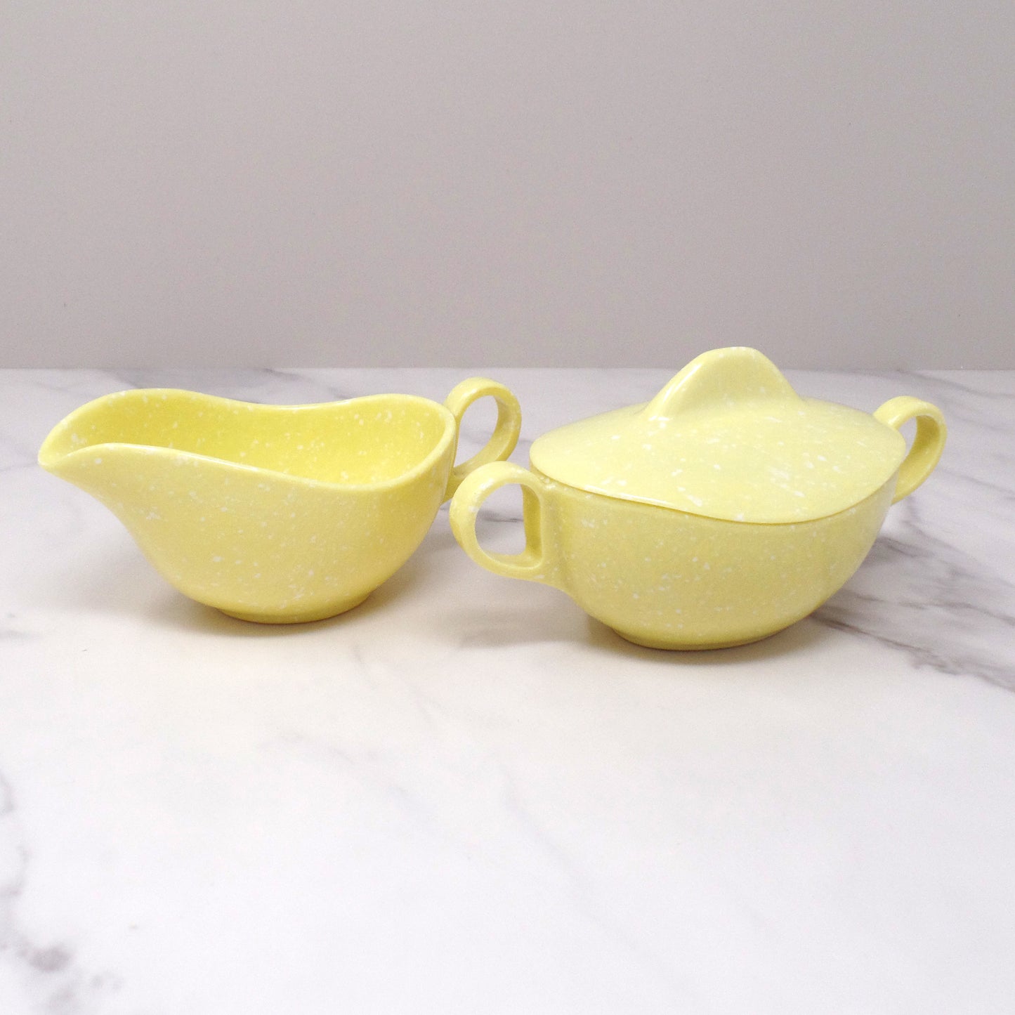 Vintage Joan Luntz Gaiety Melmac / Melamine Cream and Sugar Set, Speckled Yellow (1950s)
