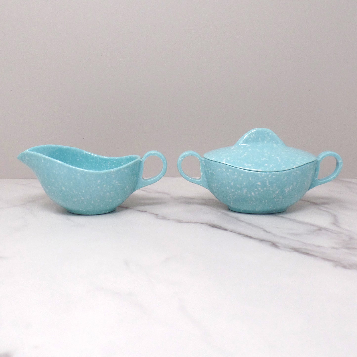 Vintage Joan Luntz Gaiety Melmac / Melamine Cream and Sugar Set, Speckled Turquoise (1950s)