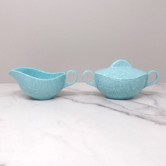 Vintage Joan Luntz Gaiety Melmac / Melamine Cream and Sugar Set, Speckled Turquoise (1950s)