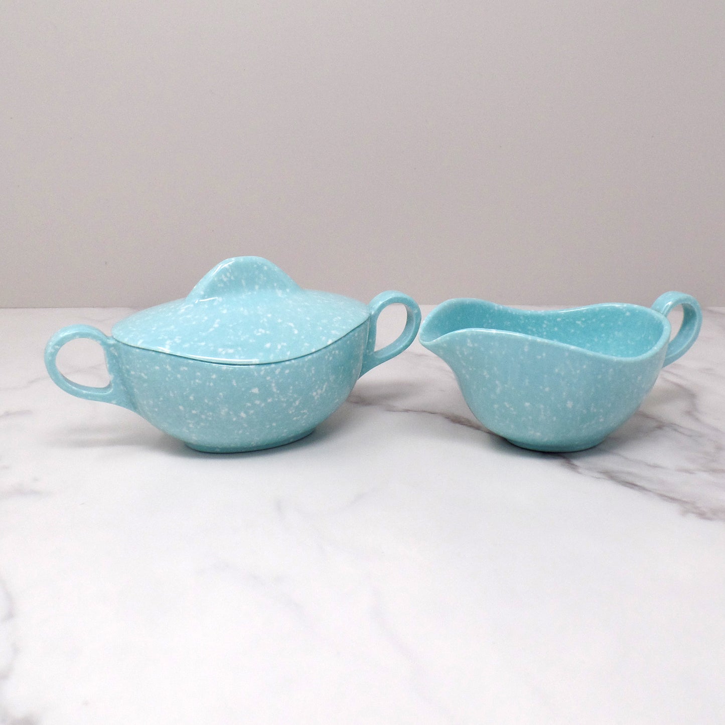 Vintage Joan Luntz Gaiety Melmac / Melamine Cream and Sugar Set, Speckled Turquoise (1950s)