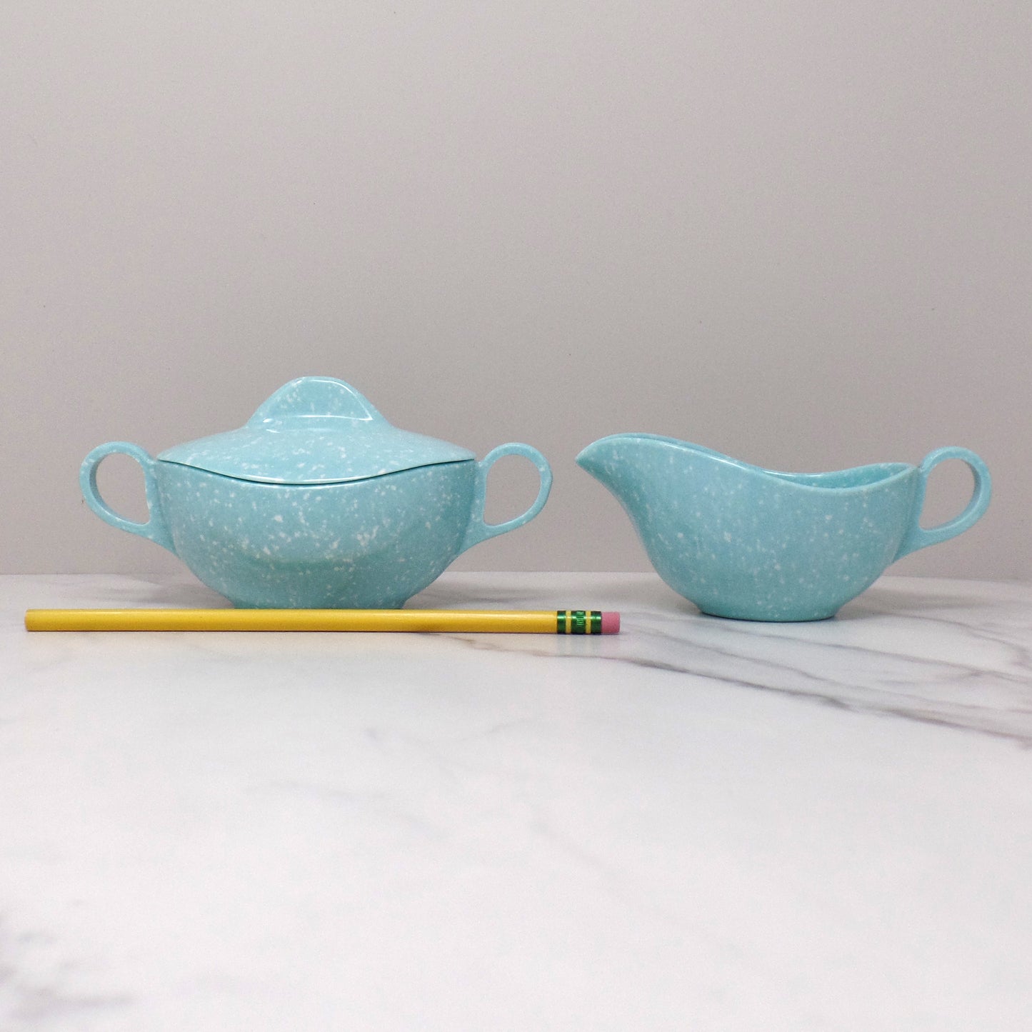 Vintage Joan Luntz Gaiety Melmac / Melamine Cream and Sugar Set, Speckled Turquoise (1950s)