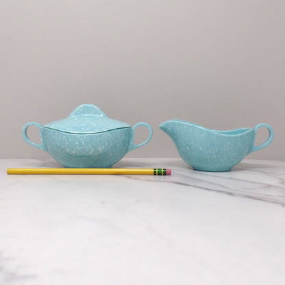 Vintage Joan Luntz Gaiety Melmac / Melamine Cream and Sugar Set, Speckled Turquoise (1950s)