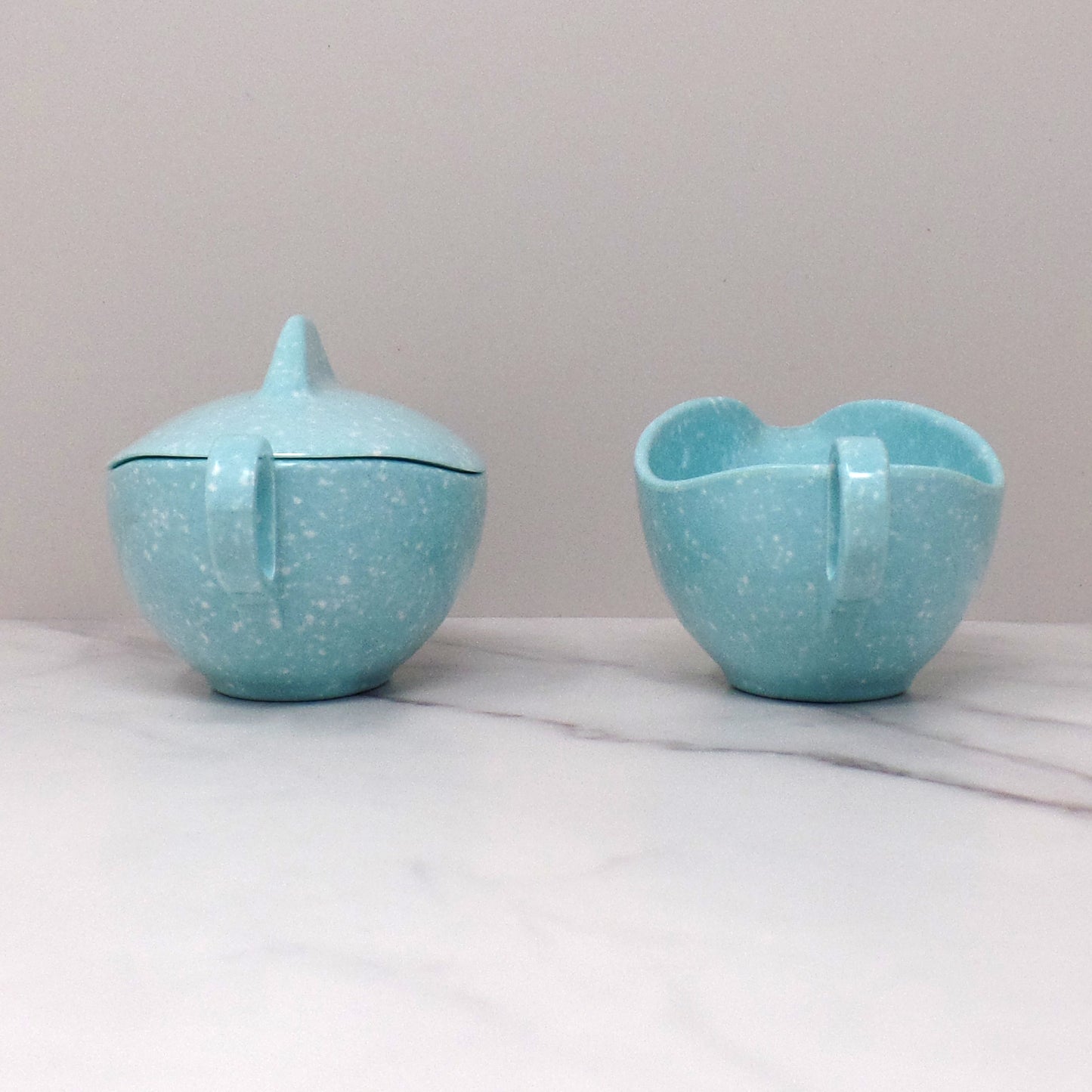 Vintage Joan Luntz Gaiety Melmac / Melamine Cream and Sugar Set, Speckled Turquoise (1950s)