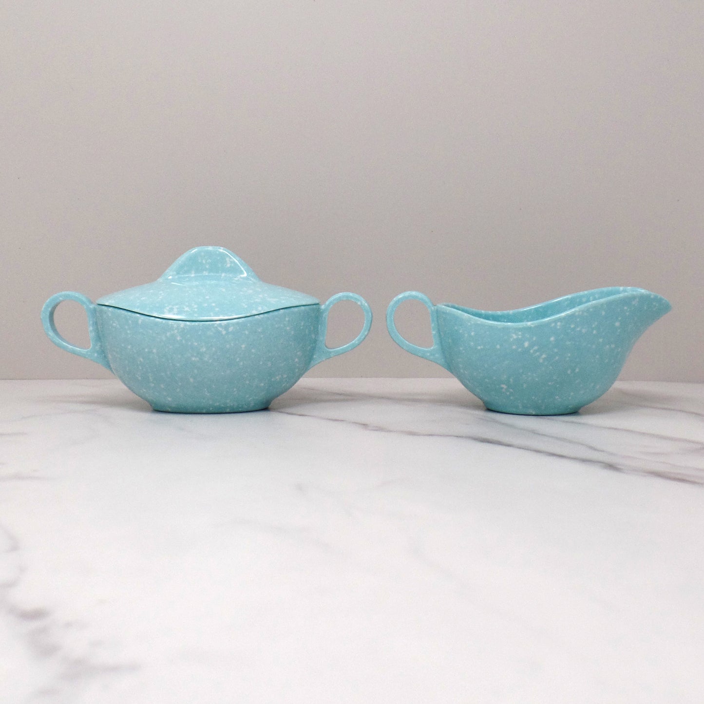 Vintage Joan Luntz Gaiety Melmac / Melamine Cream and Sugar Set, Speckled Turquoise (1950s)