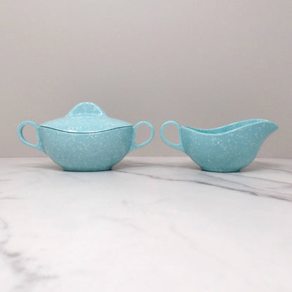Vintage Joan Luntz Gaiety Melmac / Melamine Cream and Sugar Set, Speckled Turquoise (1950s)