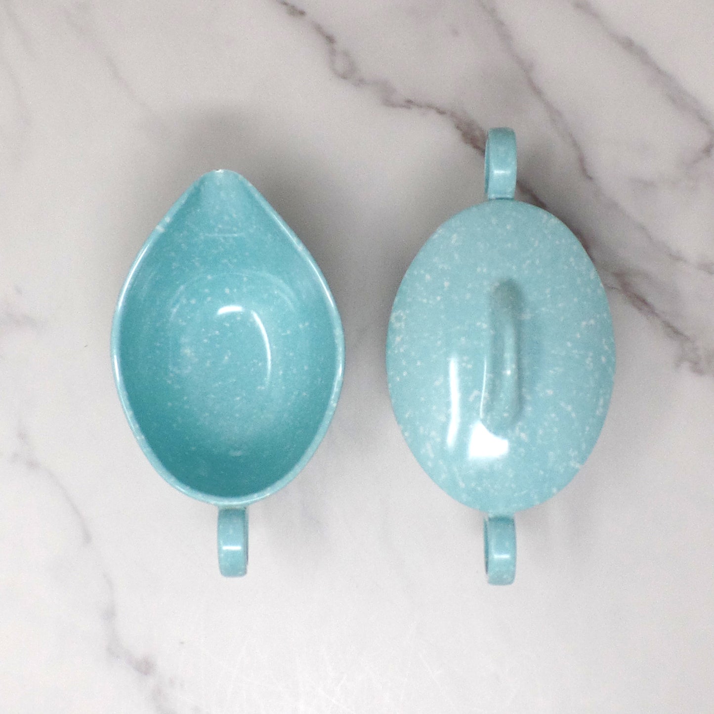 Vintage Joan Luntz Gaiety Melmac / Melamine Cream and Sugar Set, Speckled Turquoise (1950s)