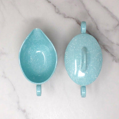 Vintage Joan Luntz Gaiety Melmac / Melamine Cream and Sugar Set, Speckled Turquoise (1950s)