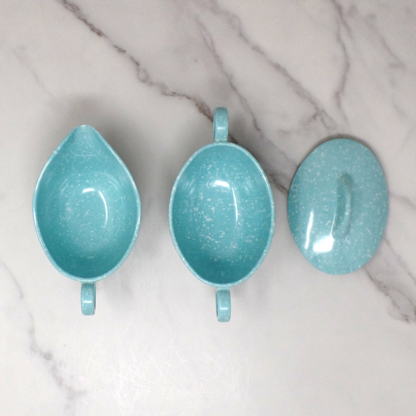 Vintage Joan Luntz Gaiety Melmac / Melamine Cream and Sugar Set, Speckled Turquoise (1950s)