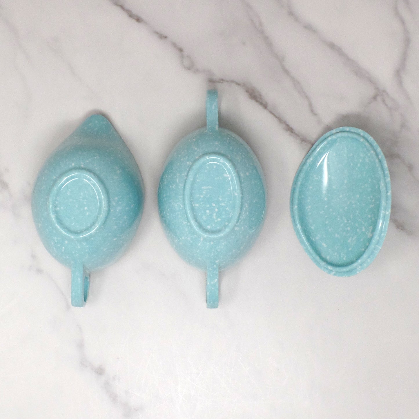 Vintage Joan Luntz Gaiety Melmac / Melamine Cream and Sugar Set, Speckled Turquoise (1950s)