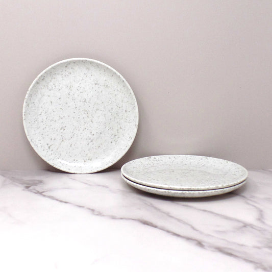 Vintage Joan Luntz Gaiety Melmac 6” Plates, Speckled White & Gray - set of 3 (1950s)