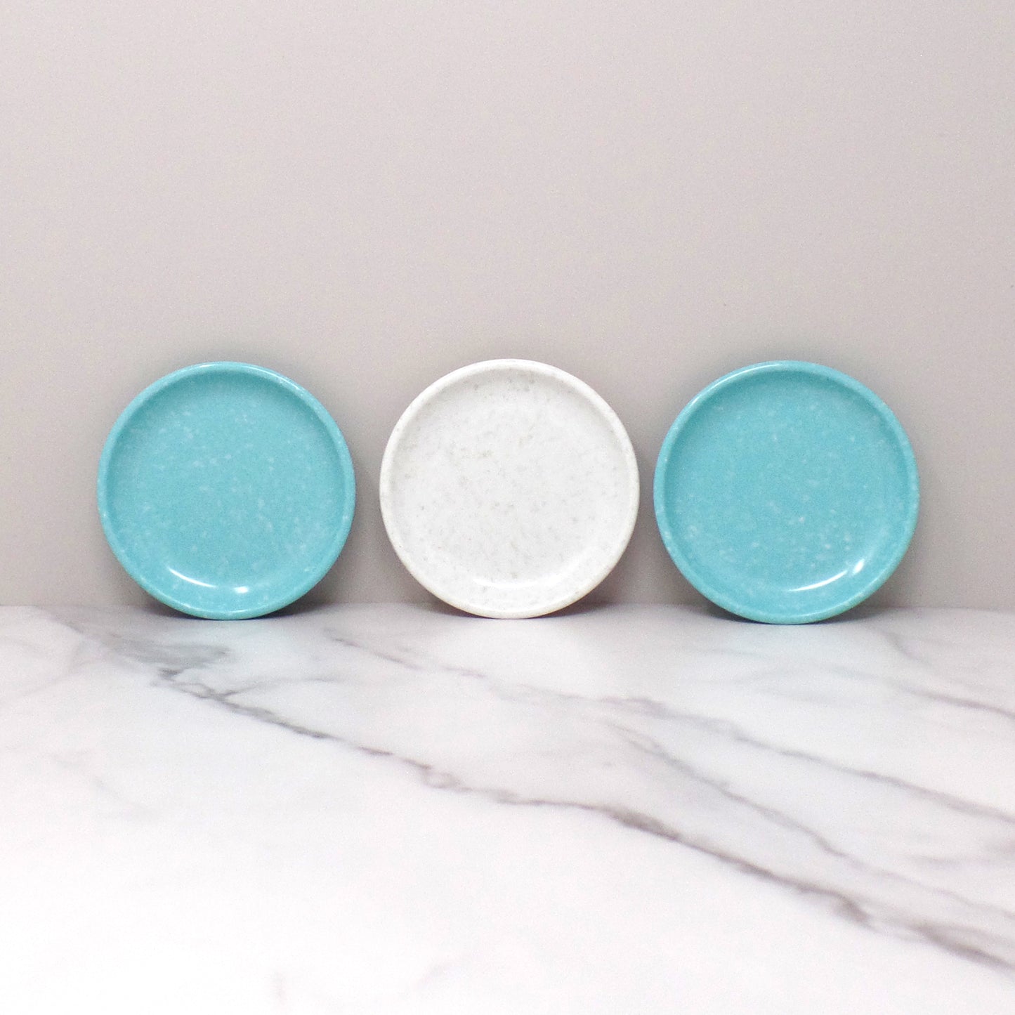 Vintage Melmac / Melamine Imperial Ware 3-1/2” Butter Pat Plate / Coaster (D-6), Speckled Turquoise & Gray - set of 3 (1950s)
