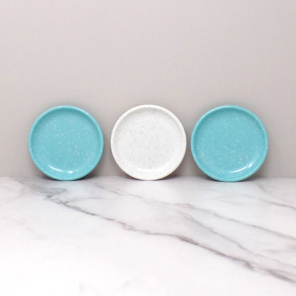 Vintage Melmac / Melamine Imperial Ware 3-1/2” Butter Pat Plate / Coaster (D-6), Speckled Turquoise & Gray - set of 3 (1950s)