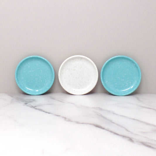 Vintage Melmac / Melamine Imperial Ware 3-1/2” Butter Pat Plate / Coaster (D-6), Speckled Turquoise & Gray - set of 3 (1950s)