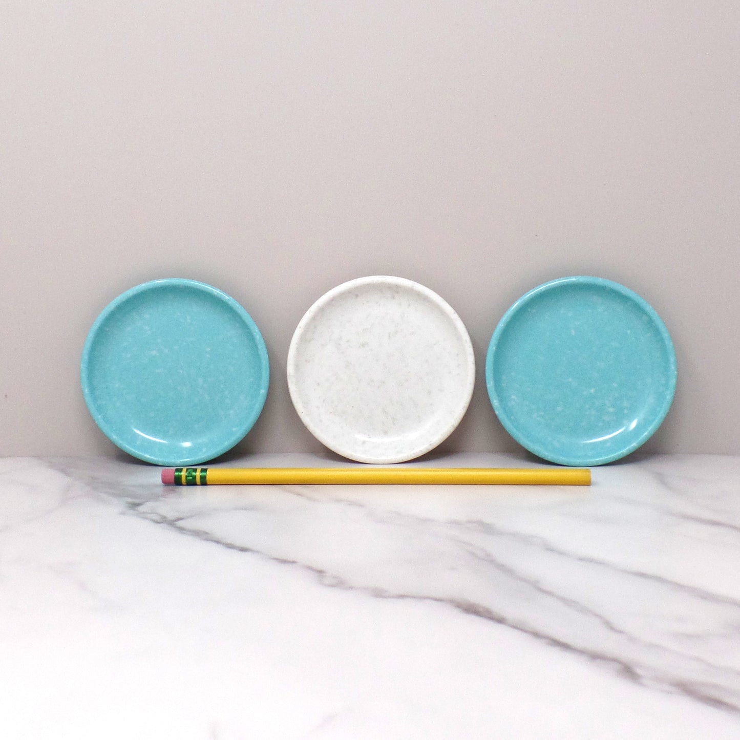 Vintage Melmac / Melamine Imperial Ware 3-1/2” Butter Pat Plate / Coaster (D-6), Speckled Turquoise & Gray - set of 3 (1950s)