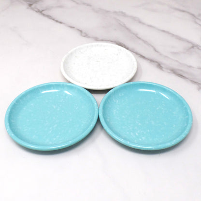 Vintage Melmac / Melamine Imperial Ware 3-1/2” Butter Pat Plate / Coaster (D-6), Speckled Turquoise & Gray - set of 3 (1950s)