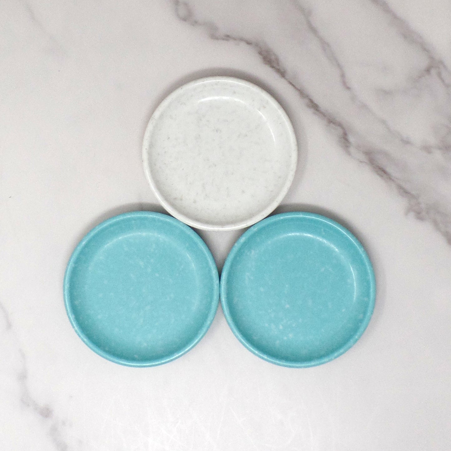 Vintage Melmac / Melamine Imperial Ware 3-1/2” Butter Pat Plate / Coaster (D-6), Speckled Turquoise & Gray - set of 3 (1950s)