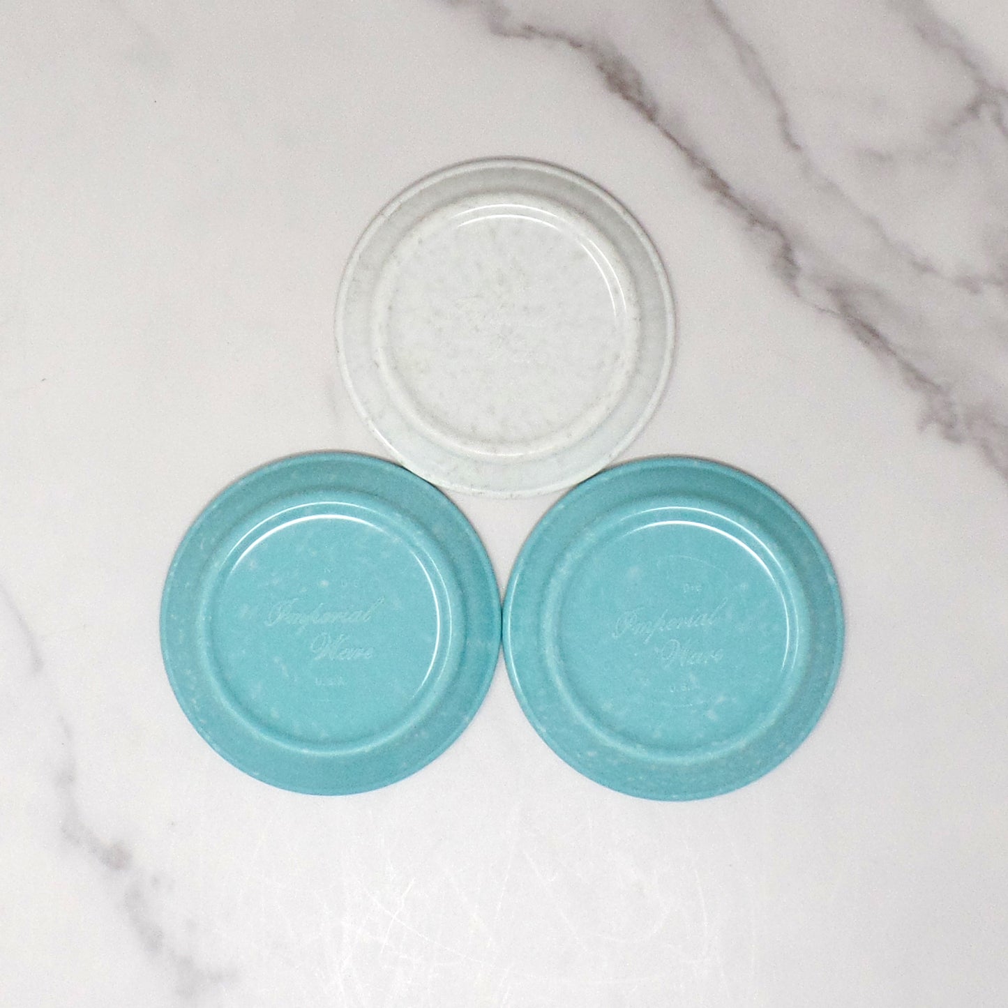 Vintage Melmac / Melamine Imperial Ware 3-1/2” Butter Pat Plate / Coaster (D-6), Speckled Turquoise & Gray - set of 3 (1950s)