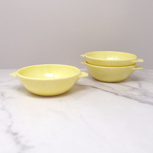 Vintage Joan Luntz Gaiety Melmac / Melamine 5-1/2” Handled Bowl, Speckled Yellow - set of 3 (1950s)